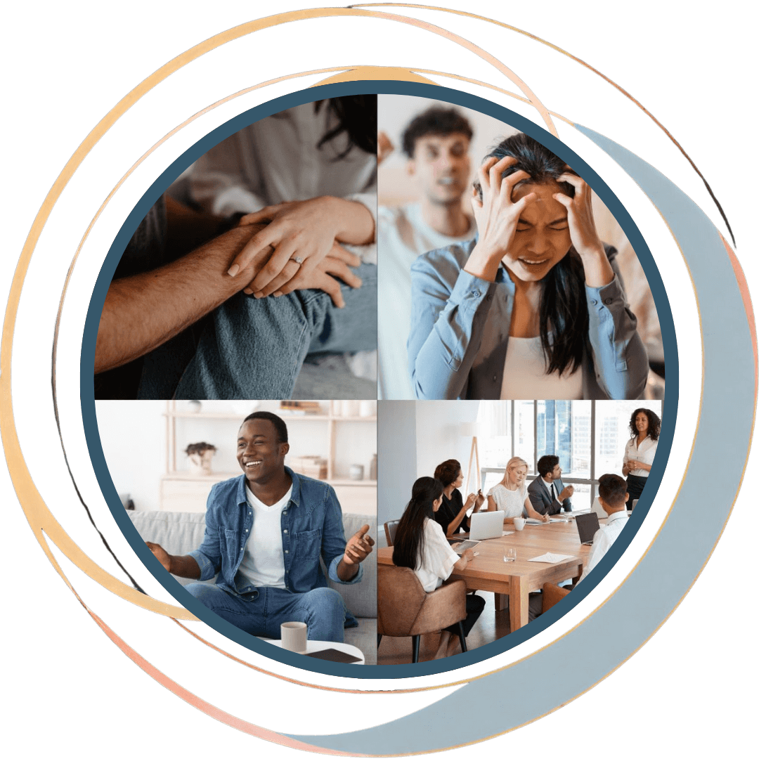 A couple sitting together on a couch smiling and talking after receiving couples coaching